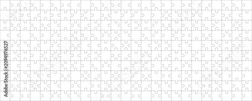Detailed various shapes puzzle grid overlay. Jigsaw puzzle blank template. 25x10 shapes, 250 pieces. Separate matching puzzle elements. Vector png