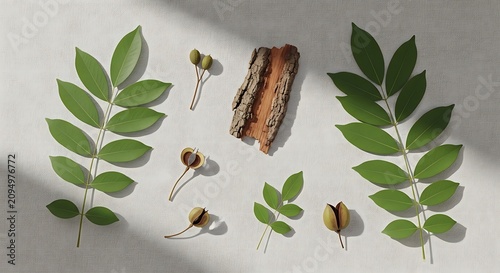 A flat lay collection of copaifera plant parts including pinnate leaves, rough tree bark, and seed pods displayed on a textured off-white background