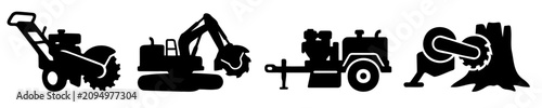 Site Preparation Machinery Vector Silhouette Bundle - Tracked Tree Excavator Icon Pack - Land Clearing Stump Grinder Template Collection