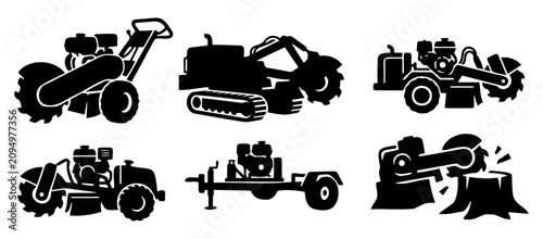 Commercial Stump Grinder Machinery Vector Silhouette Bundle - Land Clearing Tractor Icon Pack - Forestry Excavation Equipment Template Collection
