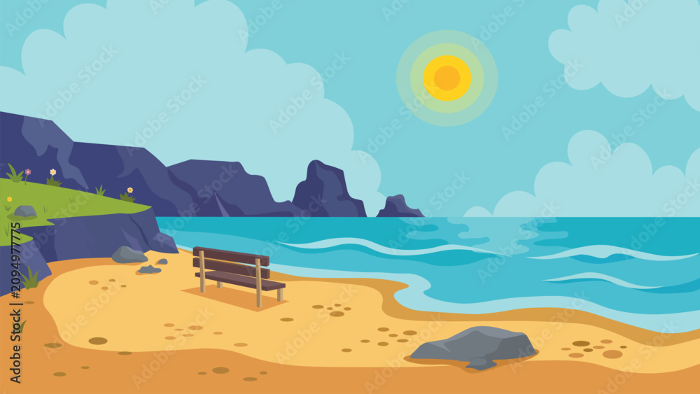 Obraz premium Flat style ocean beach landscape with wooden bench and rocky cliffs with sea background vector illustration with sunny sky vector