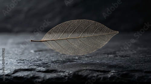 Close-up of Dried Translucent Leaf on Dark Wet Stone Surface