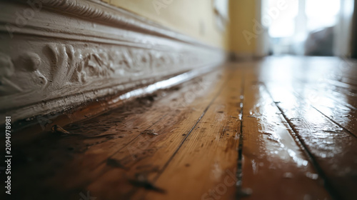 Muddy Hardwood Floor Reflection, Close-Up, Warm Brown Planks, Debris, Pale Yellow Wall Background