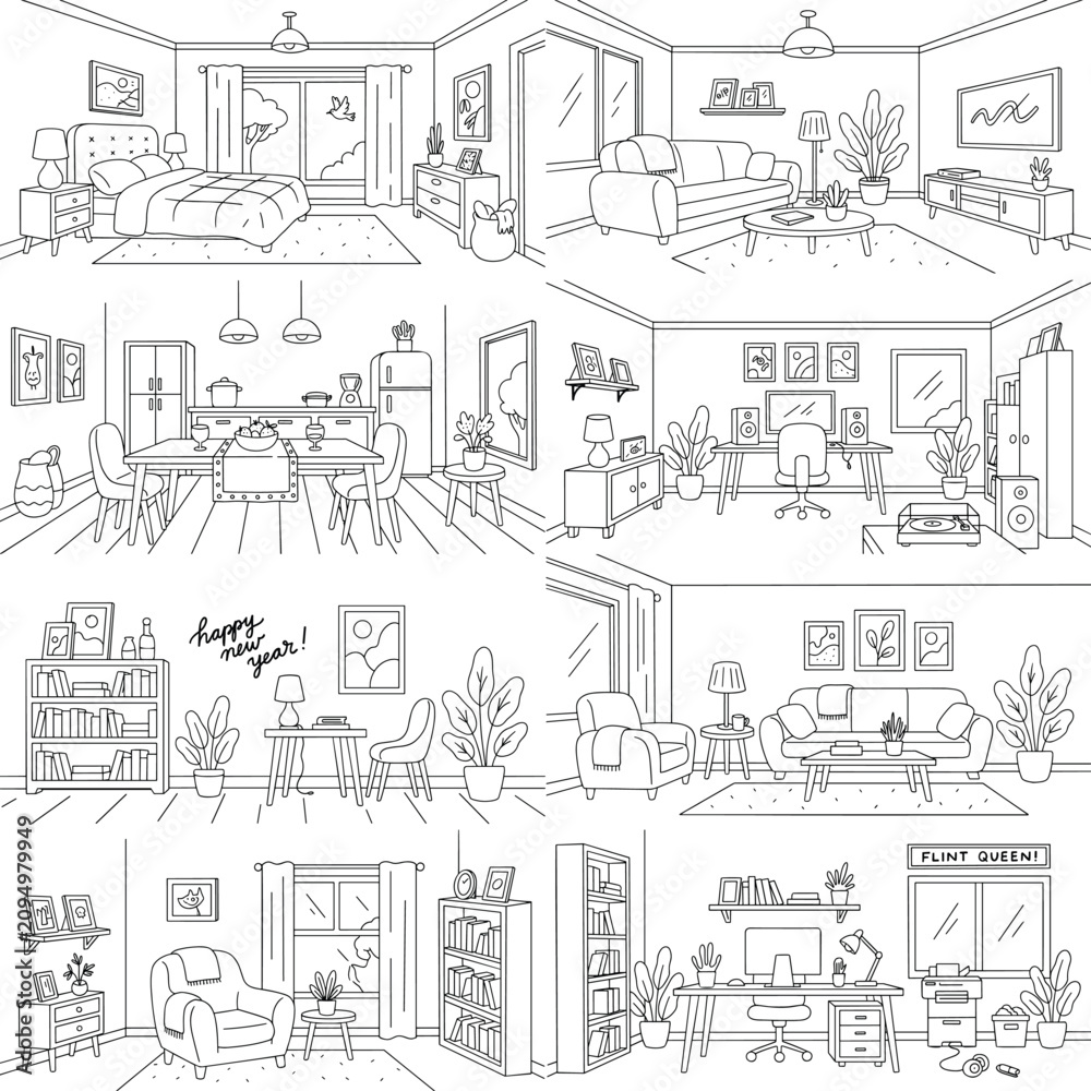 Obraz premium A black and white illustration of various interior home spaces and rooms