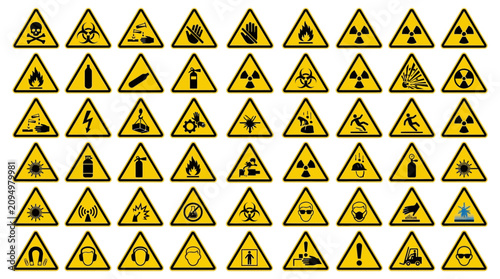 Cuadro en lienzo Large set of yellow triangular industrial hazard warning sign icons