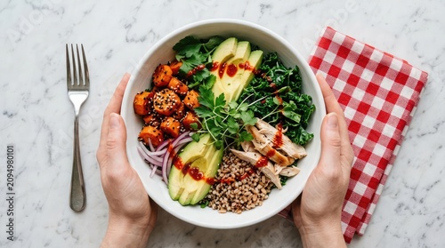 Healthy grain bowl with roasted sweet potatoes kale avocado and grilled chicken