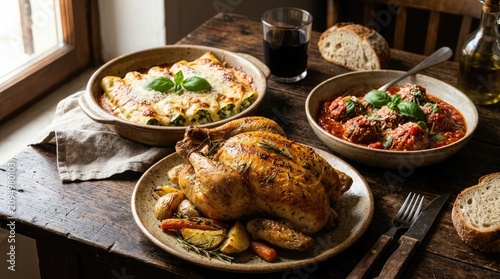 Italian feast roasted chicken lasagna and meatballs with rustic bread and wine