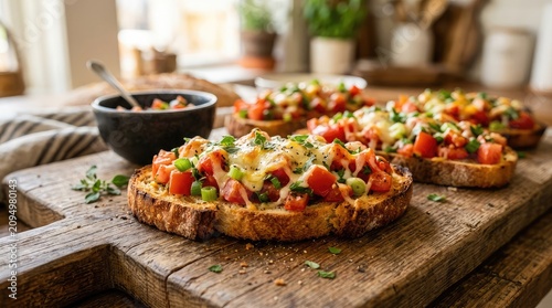 Delicious bruschetta toasts with fresh tomatoes and melted cheese on rustic wood