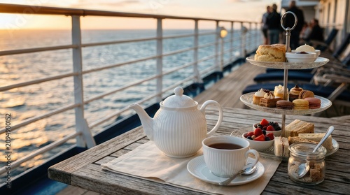 Elegant afternoon tea service on a cruise ship deck at sunset