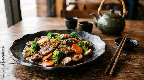 Beef and vegetable stir fry with broccoli carrots and mushrooms on rustic table