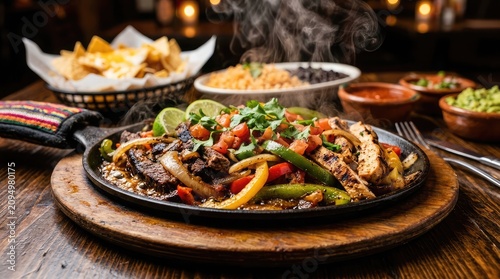 Sizzling fajitas platter with rice beans guacamole and nachos mexican cuisine
