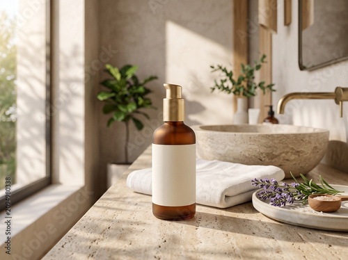 Amber glass cosmetic bottle with blank label on stone bathroom counter, luxury skincare pump mockup in spa interior, organic beauty product packaging