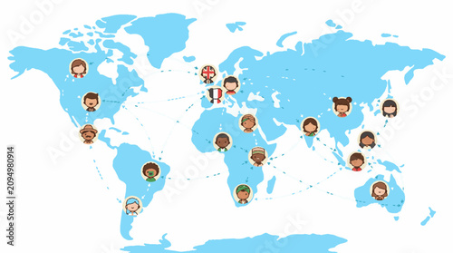 World map illustration with diverse cartoon children faces representing global unity and multiculturalism.