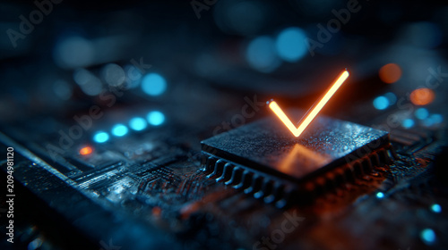 Glowing check mark symbol on electronic computer chip circuit board background