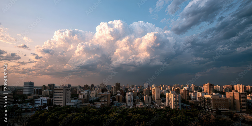 Obraz premium Urban Skyline with Dramatic Clouds, Greenbelt, and Mixed Architecture in Warm Side Light for Cityscape Projects.