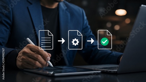 Digital Document Processing Workflow with Automated File Approval, Business Process Automation, Electronic Document Management and Paperless Office Technology Concept