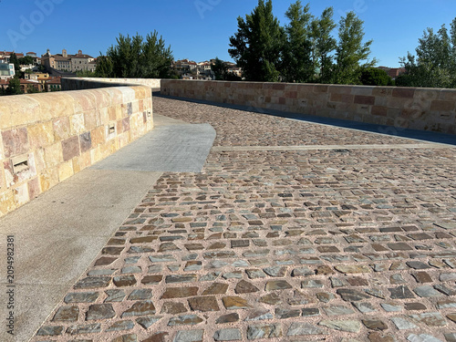 Foto Sunlit stone bridge with a decorative lamp post and cobblestone walkway leading toward an old town skyline beside a calm river