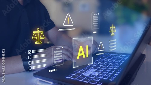 Artificial intelligence and law concept.  AI regulation, policy, ethics, and legal risk. Responsible AI technology and compliance standards. 