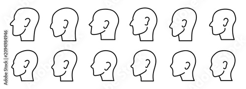 12 iconos de perfiles de cabeza para anatomía que representan rostro, identidad y siluetas humanas, estilo línea