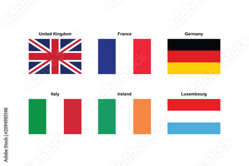 European National Country Flags unitedkingdom france germany italy ireland luxembourg Flat Design Vector Collection Set