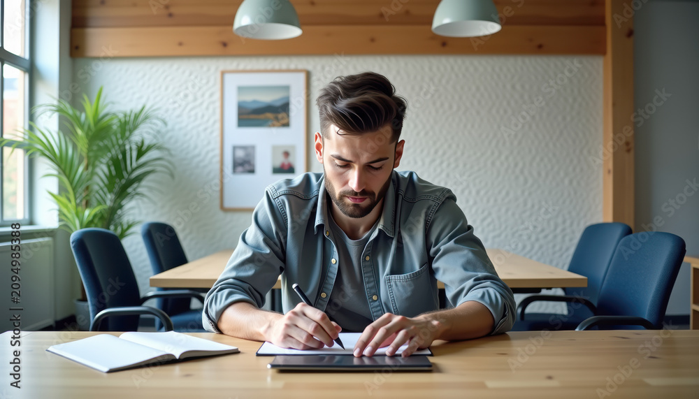 Fototapeta premium Freelance designer planning and sketching digital layouts on a tablet in a bright meeting room for project presentation, ui review, client proposal and remote collaboration workflow