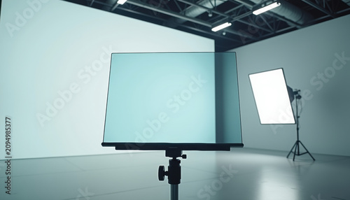 Studio teleprompter setup with glass panel on adjustable stand and softbox lighting for video production recording interviews and live streaming workflows