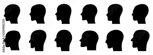 12 iconos de siluetas de cabeza para perfiles de usuario que representan identidad, avatares y personas, estilo sólido