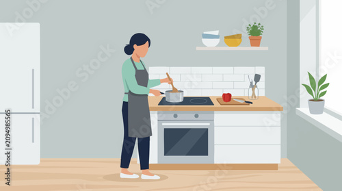 Εκτύπωση καμβά Woman cooking in a modern kitchen, stirring food in a pot on the stove
