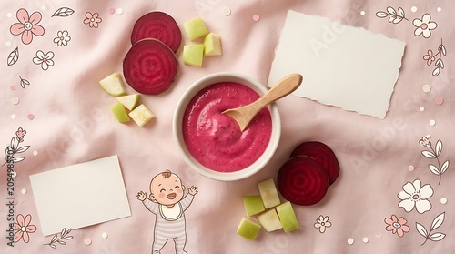 Baby food puree with beetroot and green apple on pastel background