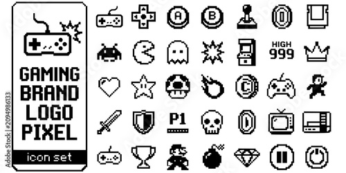 Tableau sur toile Gaming Brand Logo Pixel Art Black White-Controller Icon Star Burst Arcade-Retro