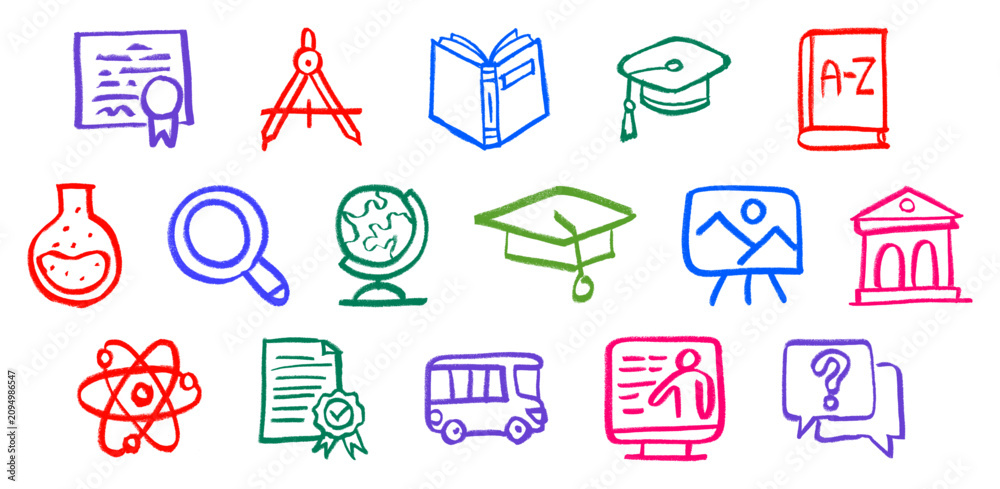 Fototapeta premium Education Icons Crayon Chalk Drawing Doodle Vector