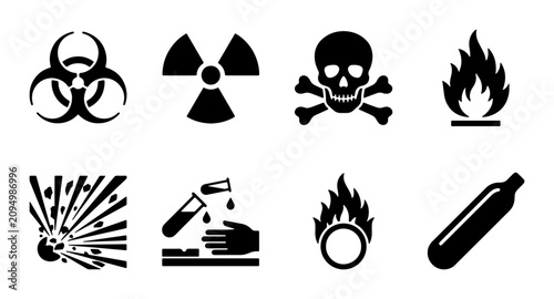 Принти на полотні Hazard Symbols Collection: Biohazard, Radiation, Skull Crossbones, Fire, Explosi