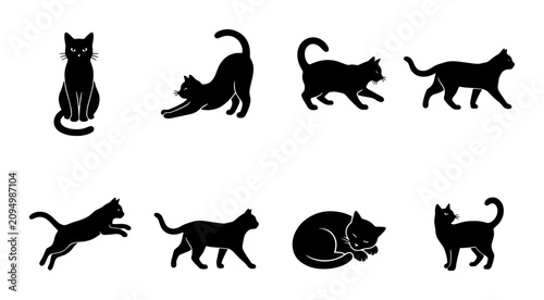 Bild auf Leinwand Black Cat Silhouettes Vector Set: Feline Poses, Domestic Animals, Cute Pet Graph