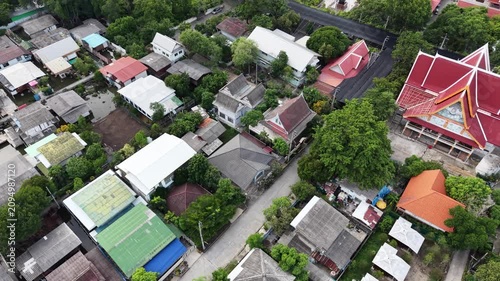 Wat Asokaram. Aerial drone footage of Phra Thutangkha Chedi at Wat Asokaram in Samut Prakan Thailand. Aerial view Thai landmark or travel destination for tourist who seeing Thai architecture culture.