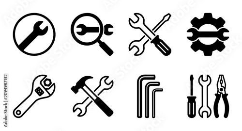 Quadro su tela Tools Icons Set: Wrench, Screwdriver, Hammer, Pliers, Gear, Allen Keys, Repair,