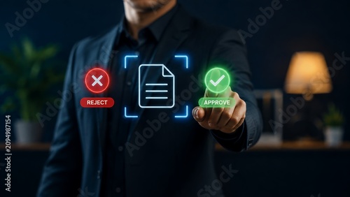 Digital Document Approval and Rejection Workflow Interface with Business Professional Using Tablet, Online Review Process, Electronic Approval System, Paperless Office and Document Management Concept