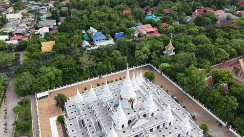 Wat Asokaram. Aerial drone footage of Phra Thutangkha Chedi at Wat Asokaram in Samut Prakan Thailand. Aerial view Thai landmark or travel destination for tourist who seeing Thai architecture culture.