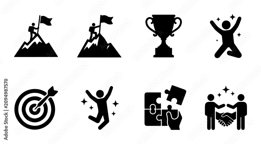 Obraz premium Achievement Icons: Success, Victory, Goals, Teamwork, Celebration, Puzzle, Trophy, Business