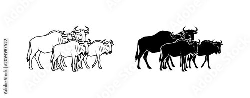 Fotografi Wildebeest herd vector illustration, black and white line art and silhouette, wi
