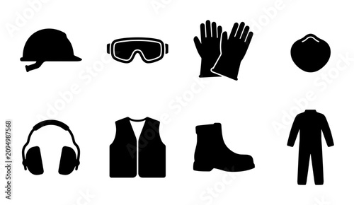 Fotografie Personal Protective Equipment Icons: Safety Gear Set, Hard Hat, Goggles, Gloves,