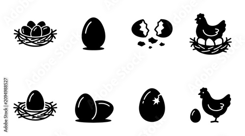 Chicken Egg Icons Set, Farm Poultry Nesting and Hatching Vector Graphics, Organic Food Symbols