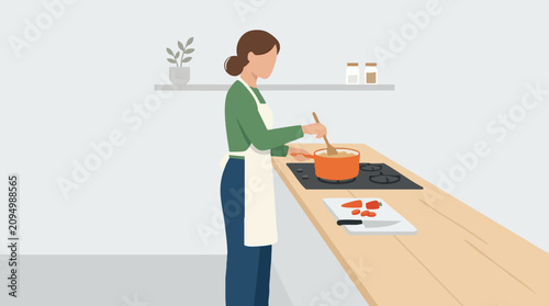 Tableau sur toile Woman cooking in modern kitchen, stirring pot on stove with fresh vegetables