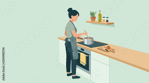Εκτύπωση καμβά Woman cooking in kitchen, stirring a pot on stovetop, flat illustration