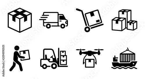 Fotografie Delivery Icons: Shipping Truck, Drone, Forklift, Cargo Ship, Package, Logistics