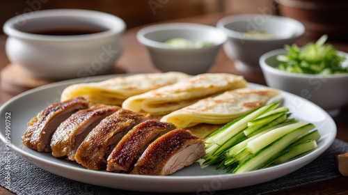 Peking Duck Slices with Cucumber Sticks and Pancakes