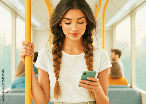 Woman using smartphone on public transport for commuting mobile lifestyle and urban technology content