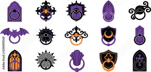 Konstfotografi Set of decorative Halloween door knockers, unique vintage metal handle designs, spooky seasonal architectural elements, flat vector illustration, isolated white background