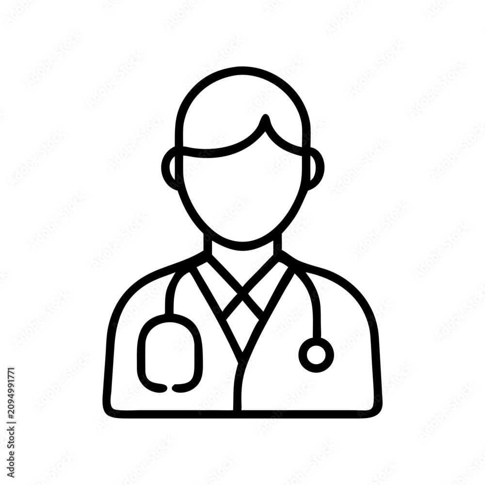 Fototapeta premium Doctor icon with stethoscope around neck - Minimalist black and white vector icon of a doctor wearing a stethoscope, clean and professional design.