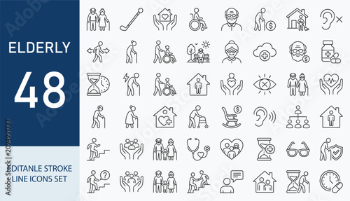 Foto Elderly icon set. Editable line icons. Vector illustration.