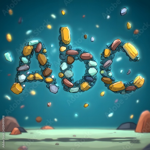Abstract luxury composition of the letter A formed by colorful gemstones against a dark background with floating gems and a smooth surface below